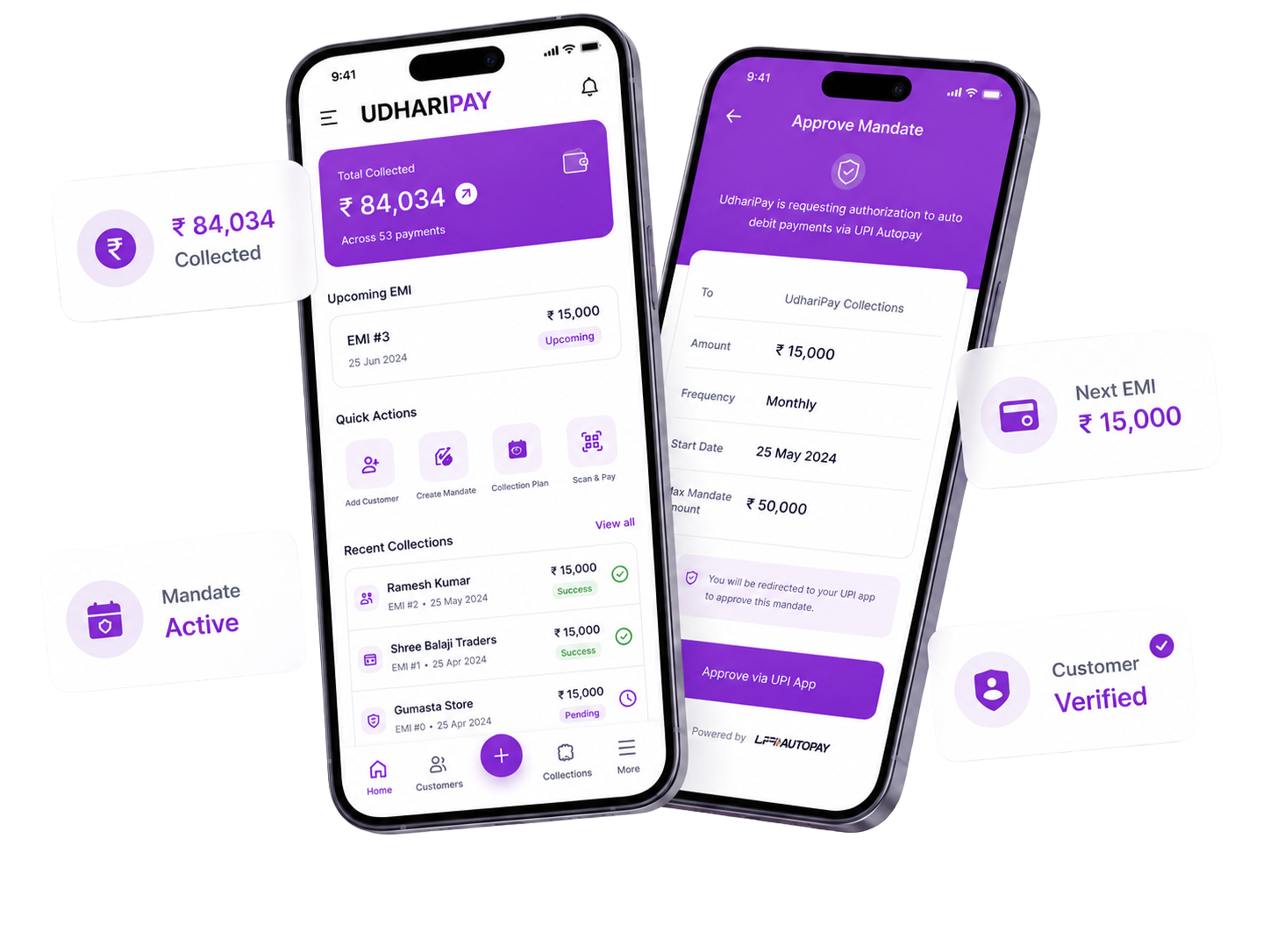UdhariPay mobile app showing collections dashboard