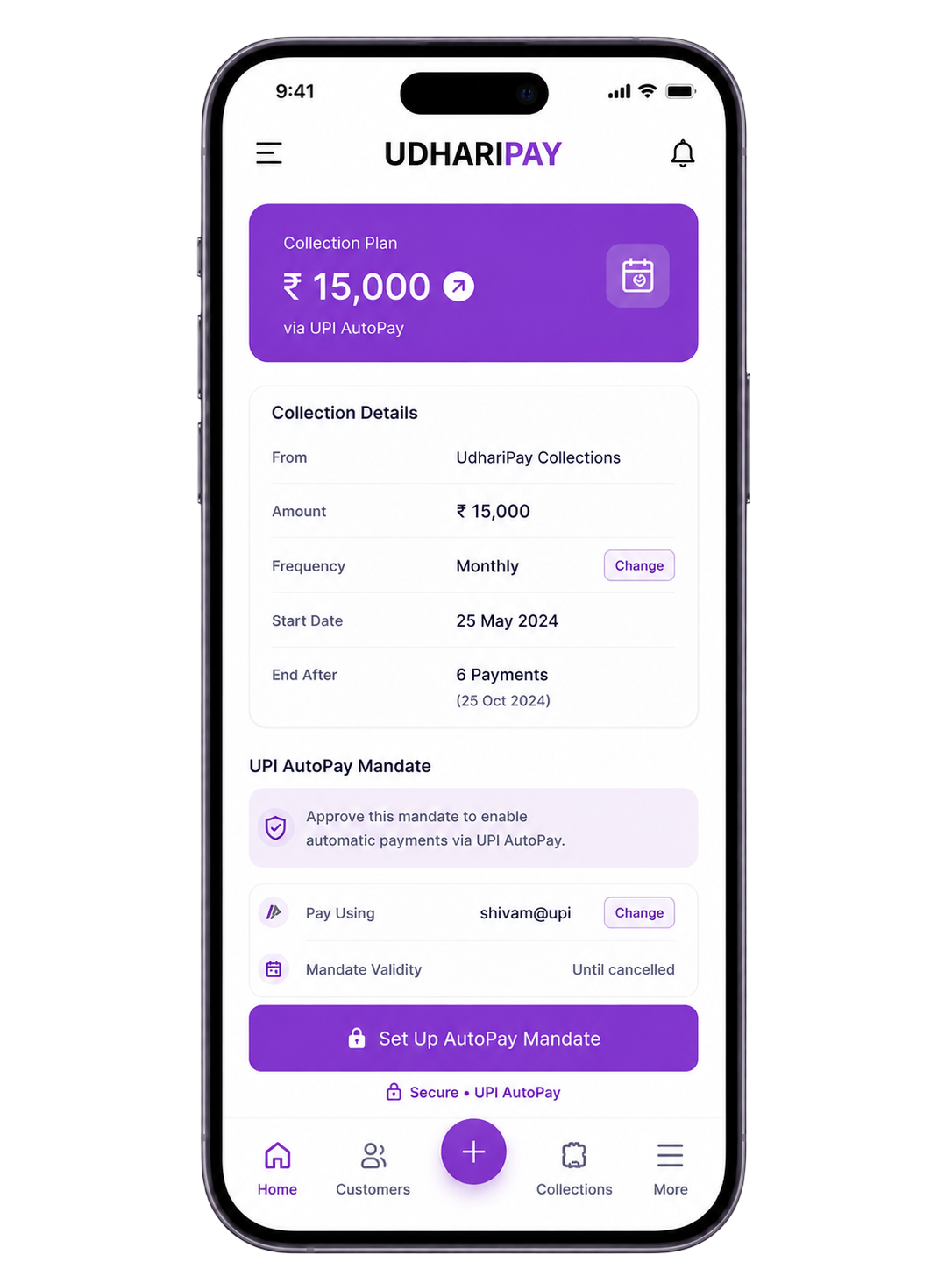 UdhariPay collection plan and AutoPay mandate screen