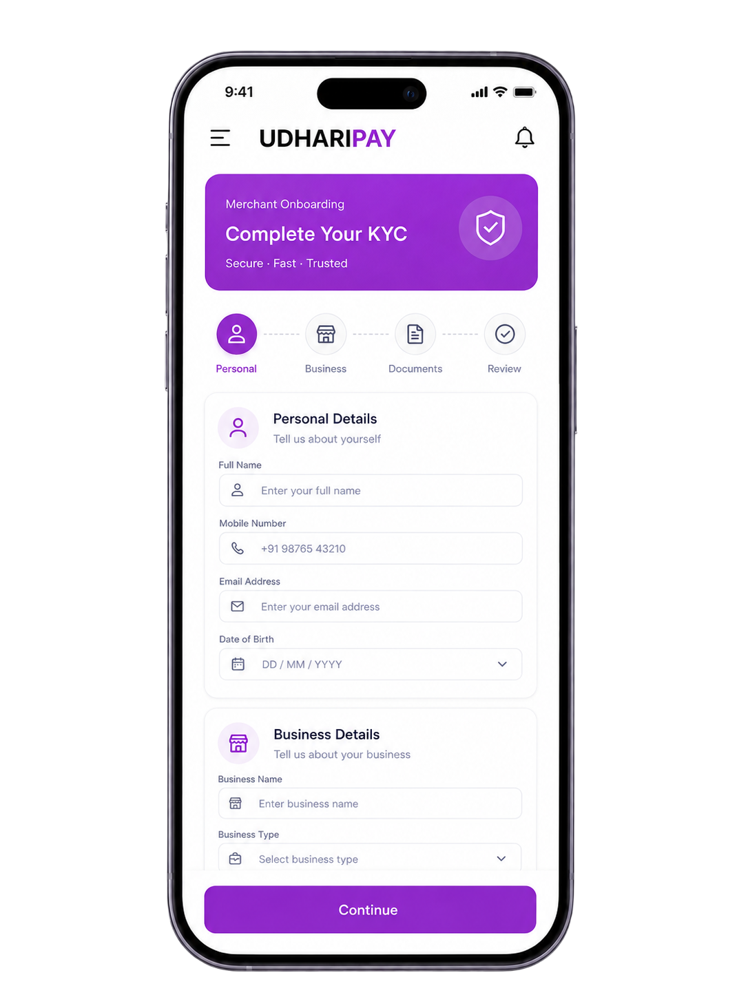 UdhariPay KYC onboarding screen